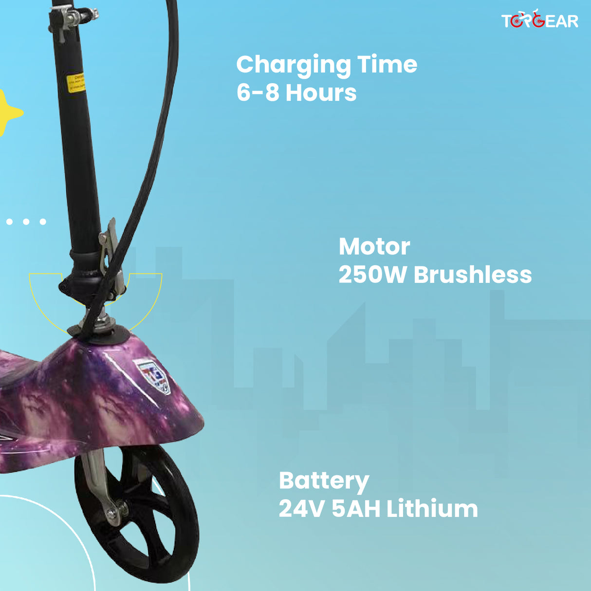 Purple scooter with charging time, motor specifications, and battery details on a blue background