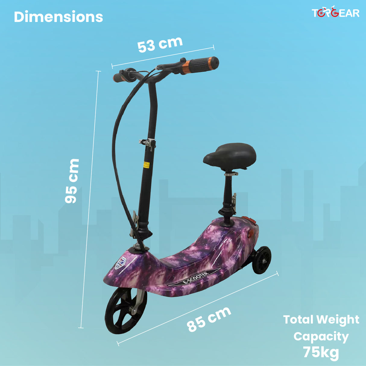 Purple scooter with measurements on a blue background