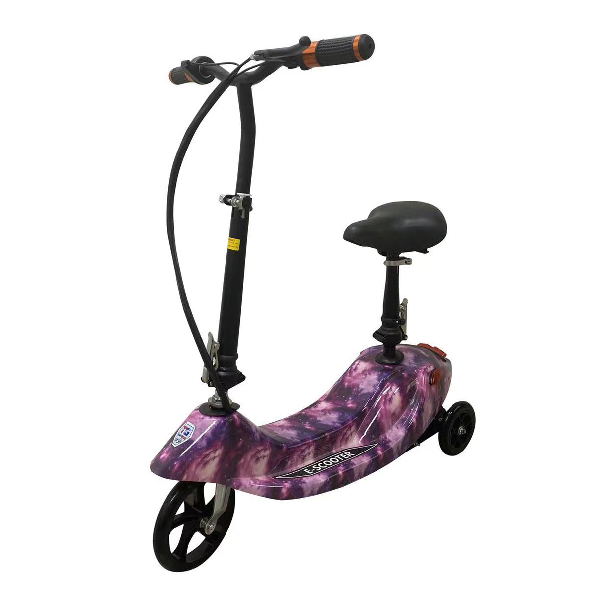 Purple scooter with a seat on a white background