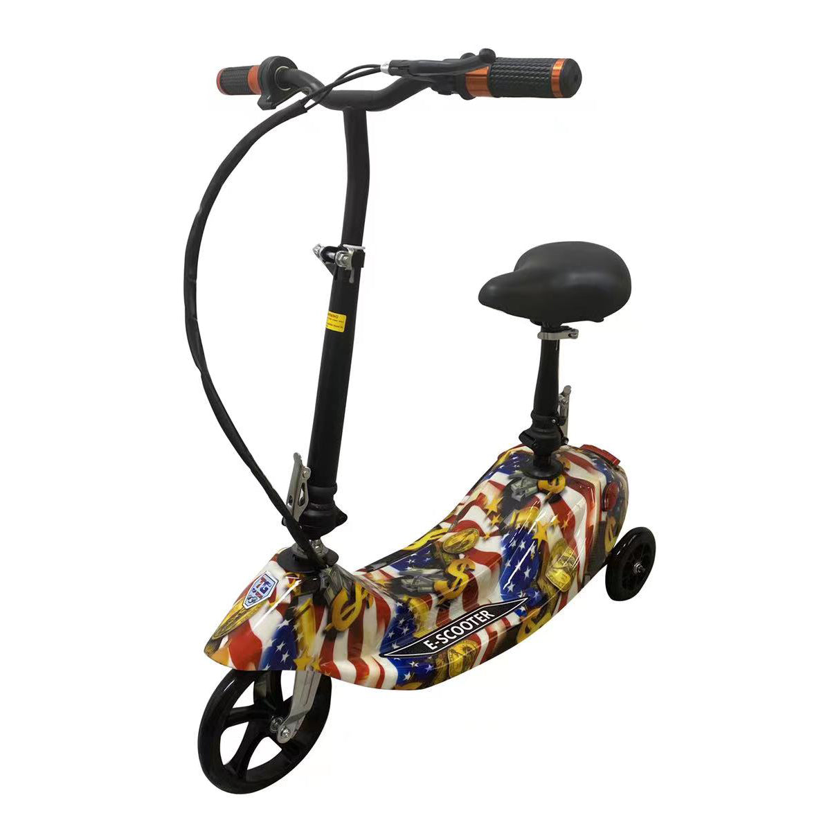 Colorful scooter with a black seat on a white background