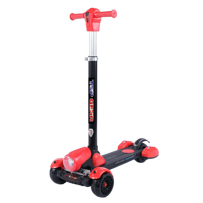 A red and black 3-wheel Top Gear kids' scooter with a steel bar, lights, and PU lighting flash wheels.