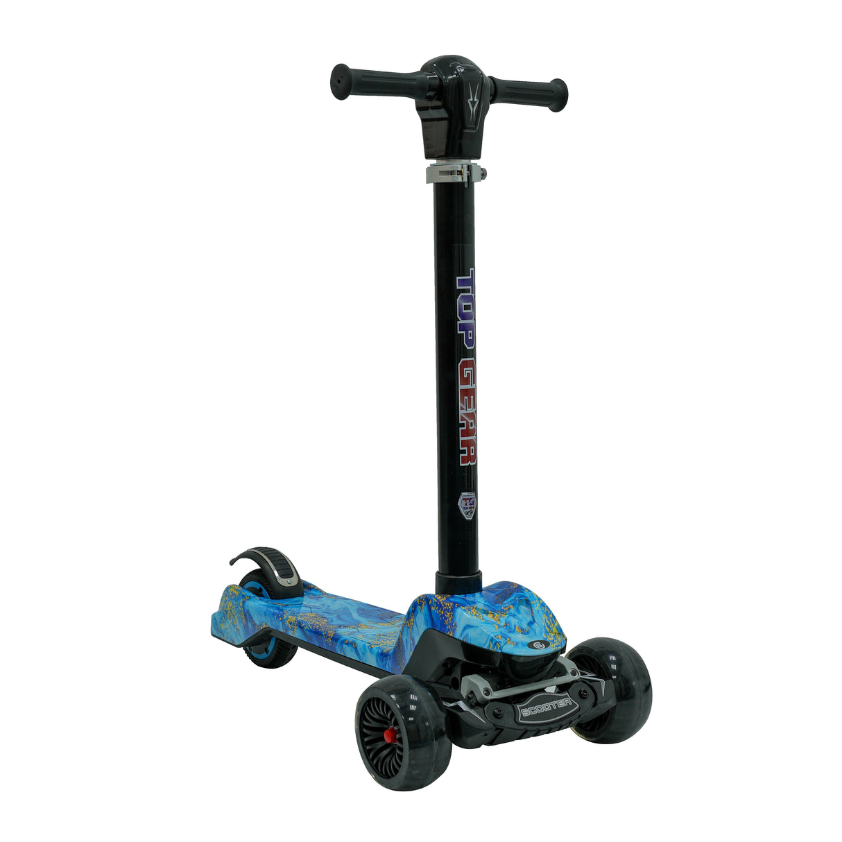Children's scooter with blue deck and black handlebar on a white background