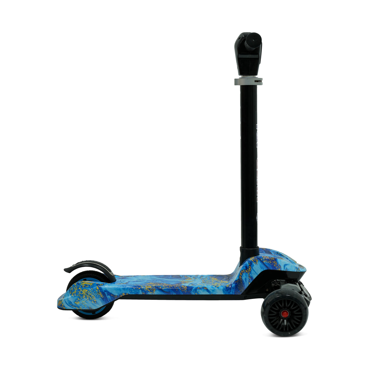 Blue and black scooter with a stand on a white background