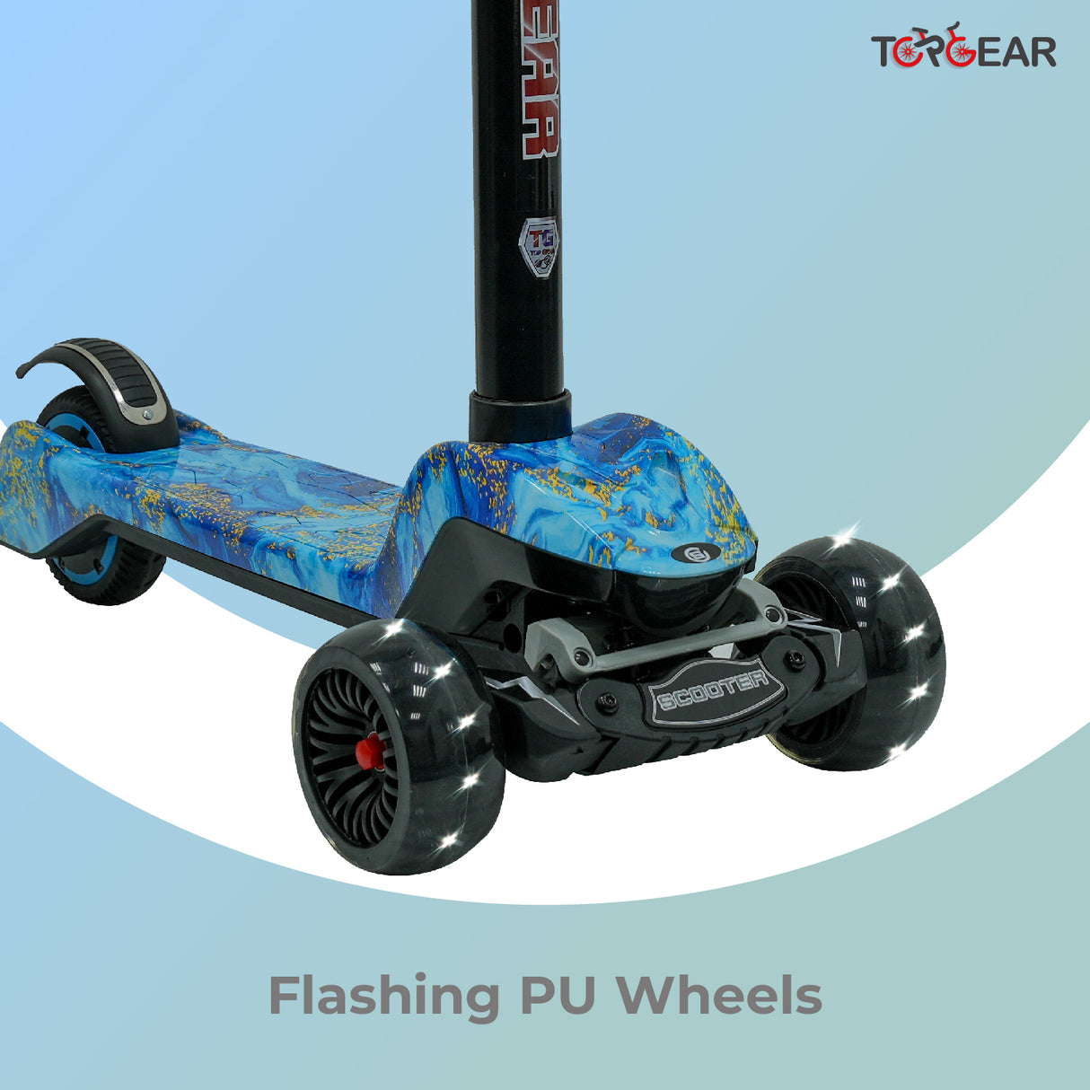 Toy scooter with blue and black design on a light blue background, featuring the brand 'Top Gear'.