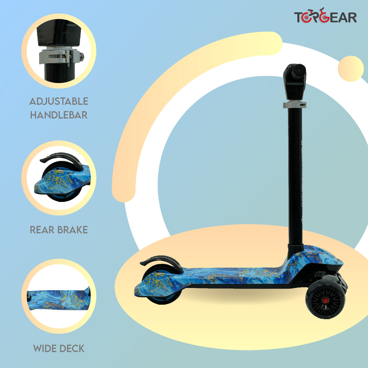 Three-wheeled scooter with features highlighted on a blue background