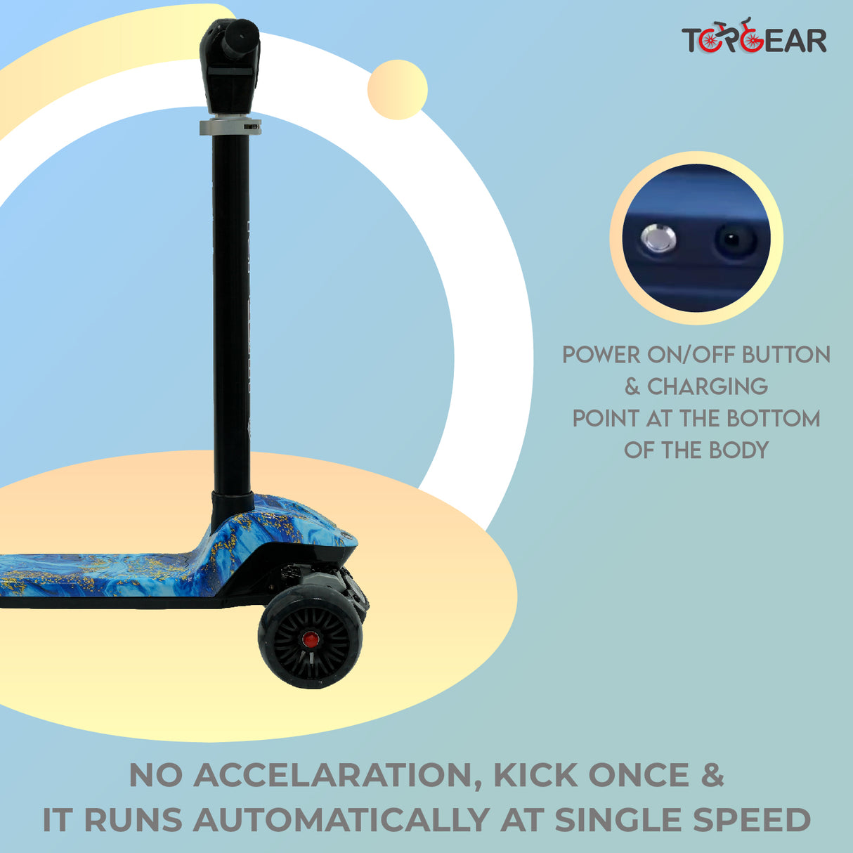 Toy scooter with power button and charging point on a blue background, featuring Top Gear branding.