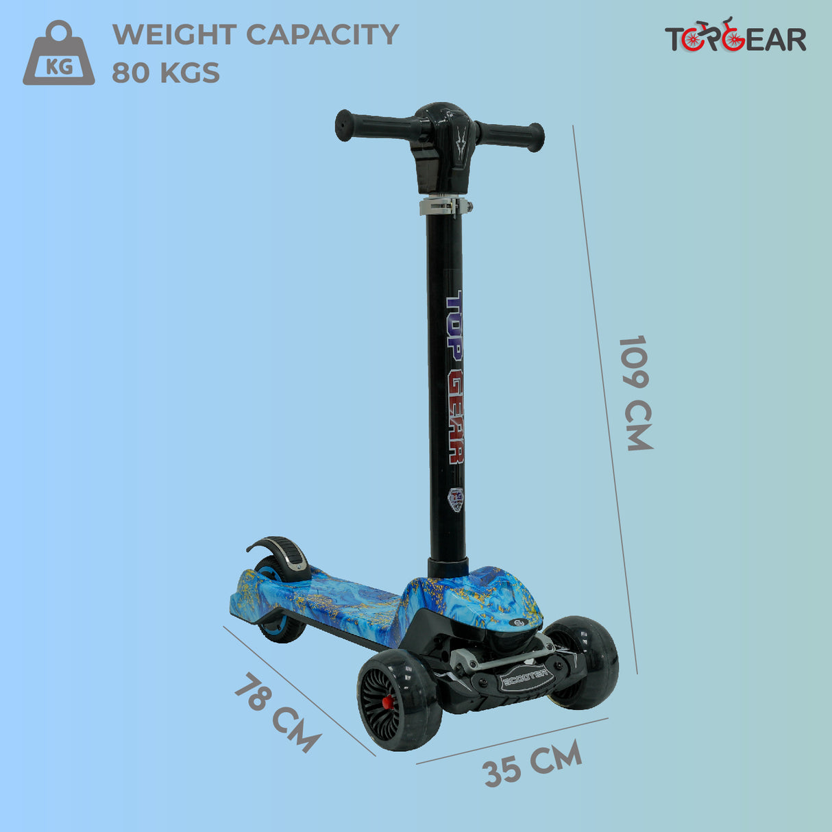Children's scooter with measurements and weight capacity on a light blue background