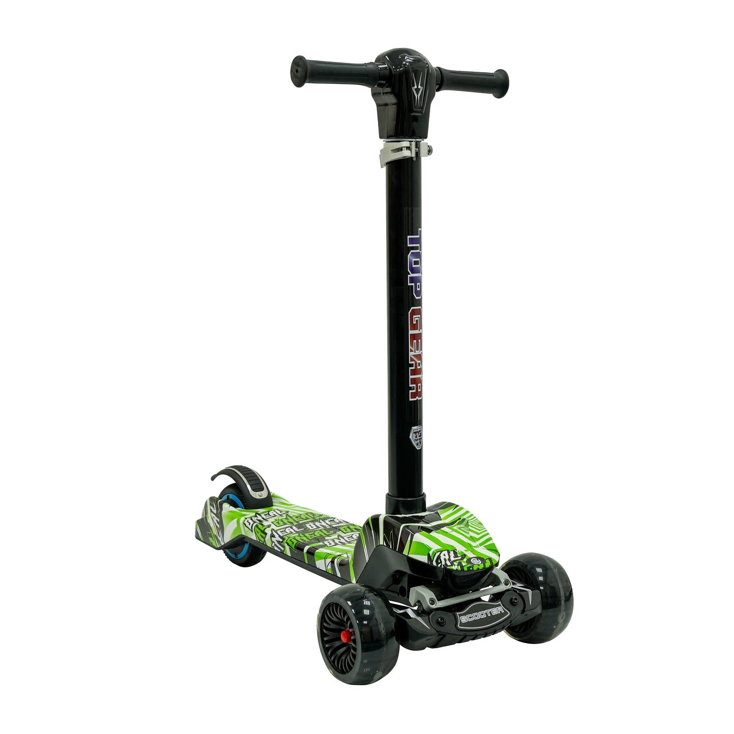 Children's scooter with green and black design on a white background