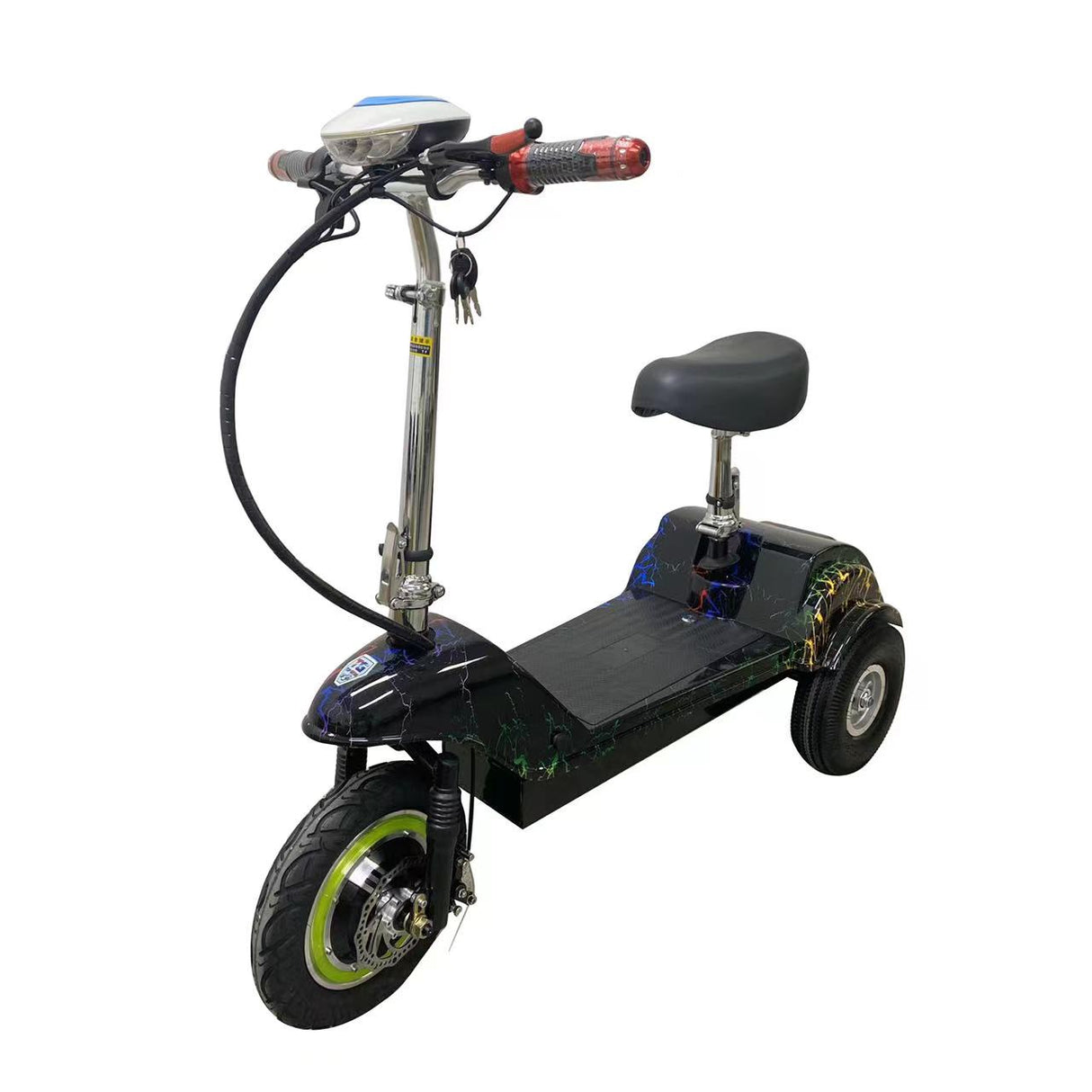 Black electric scooter with a seat on a white background
