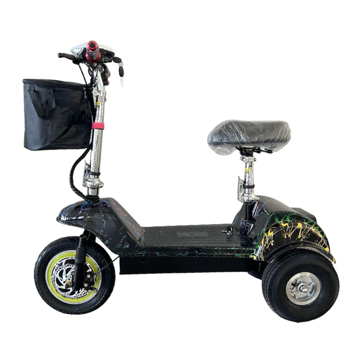 Three-wheeled electric scooter with a seat and basket on a white background
