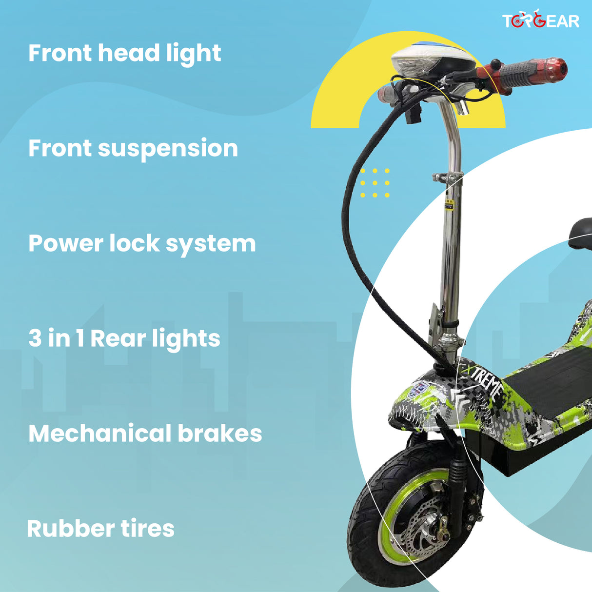 Electric scooter with features listed on a blue background
