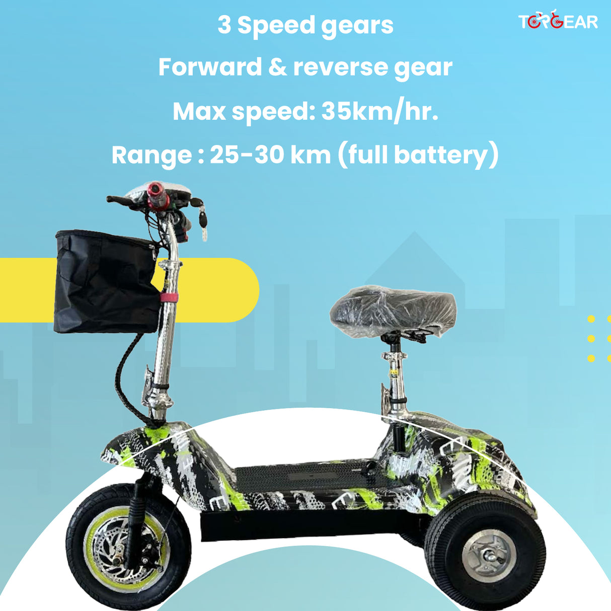 Three-wheeled scooter with text on speed, range, and features against a blue background