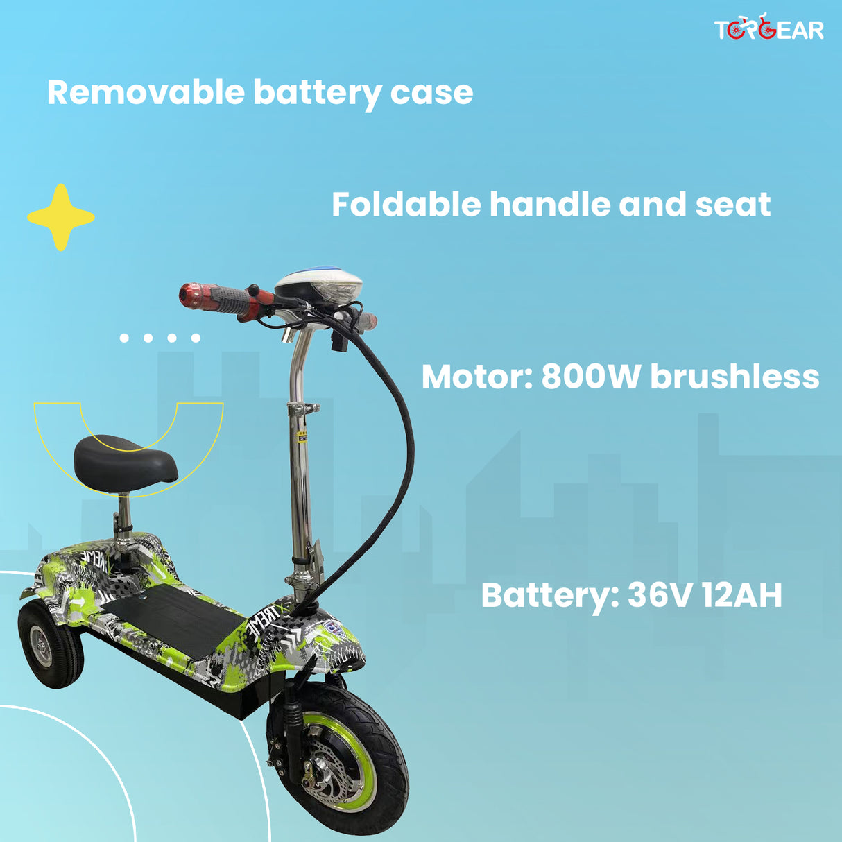 Electric scooter with features highlighted on a blue background