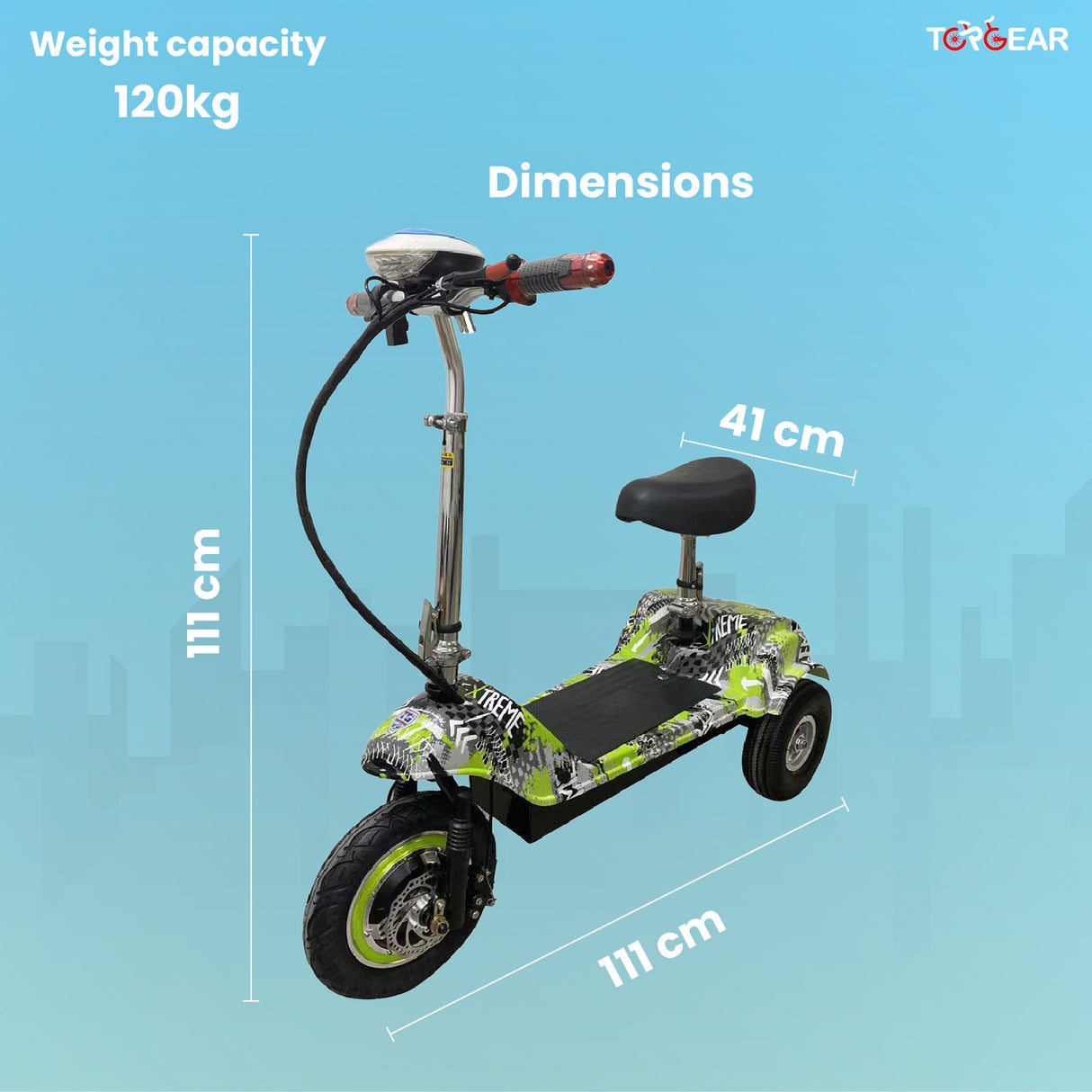Electric scooter with dimensions and weight capacity on a blue background
