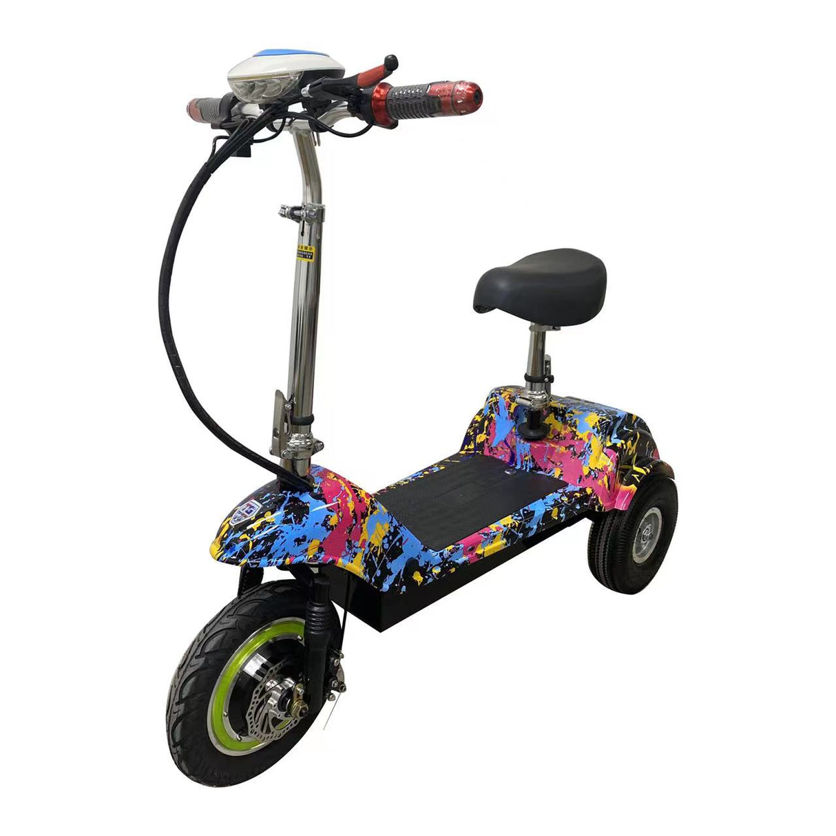 Colorful electric scooter with a seat on a white background