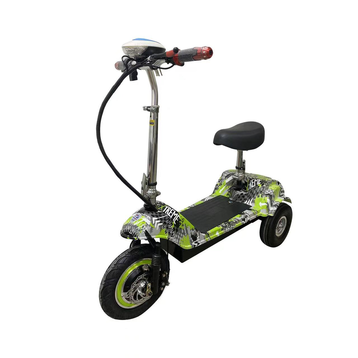 Green and black electric scooter with a seat on a white background
