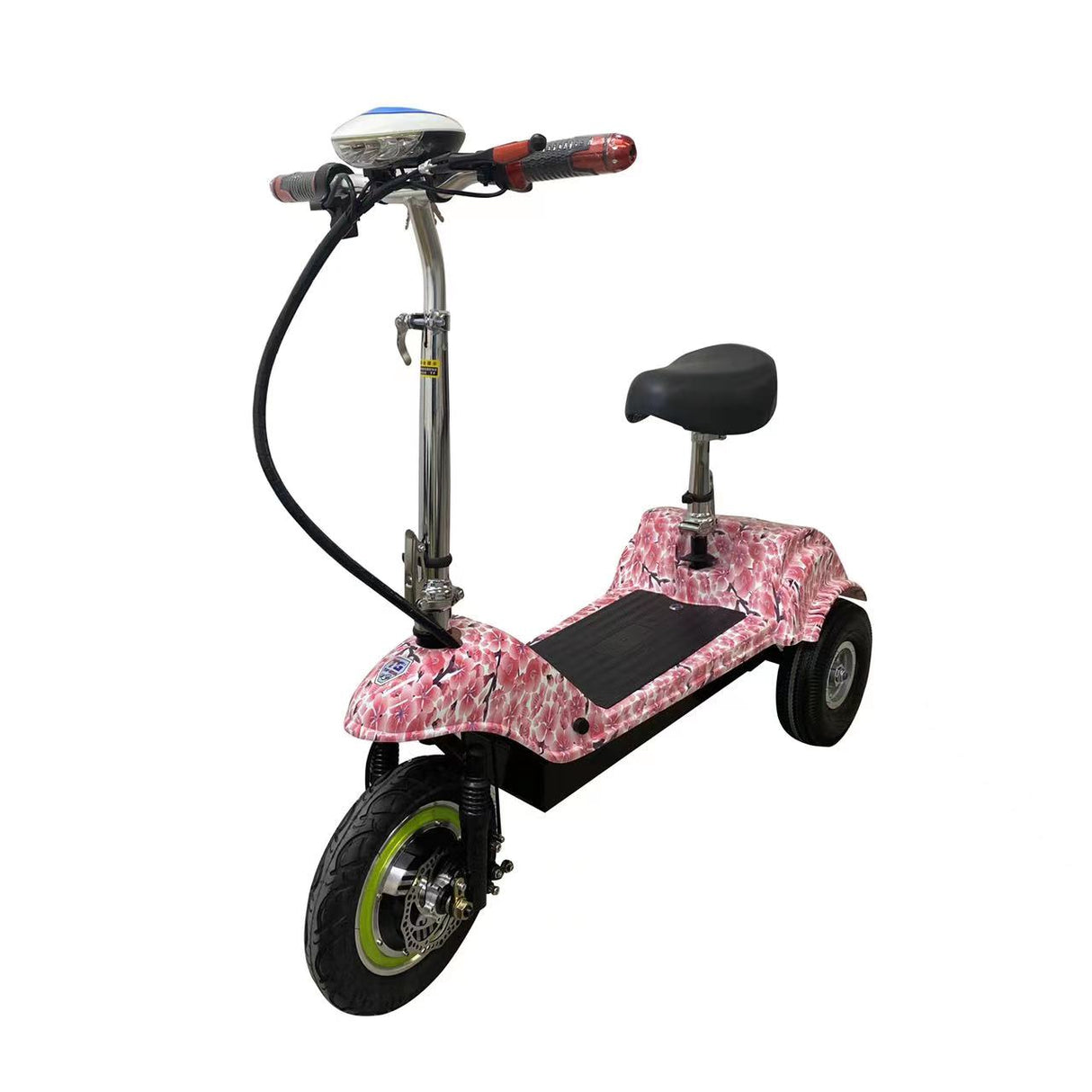Pink camouflage electric scooter with a black seat on a white background
