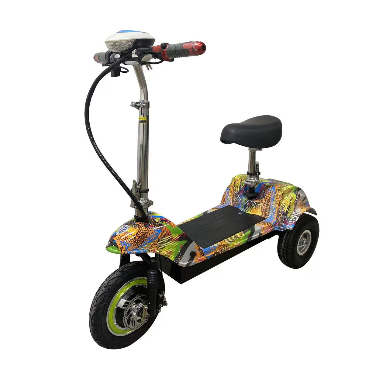 Colorful electric scooter with a seat on a white background