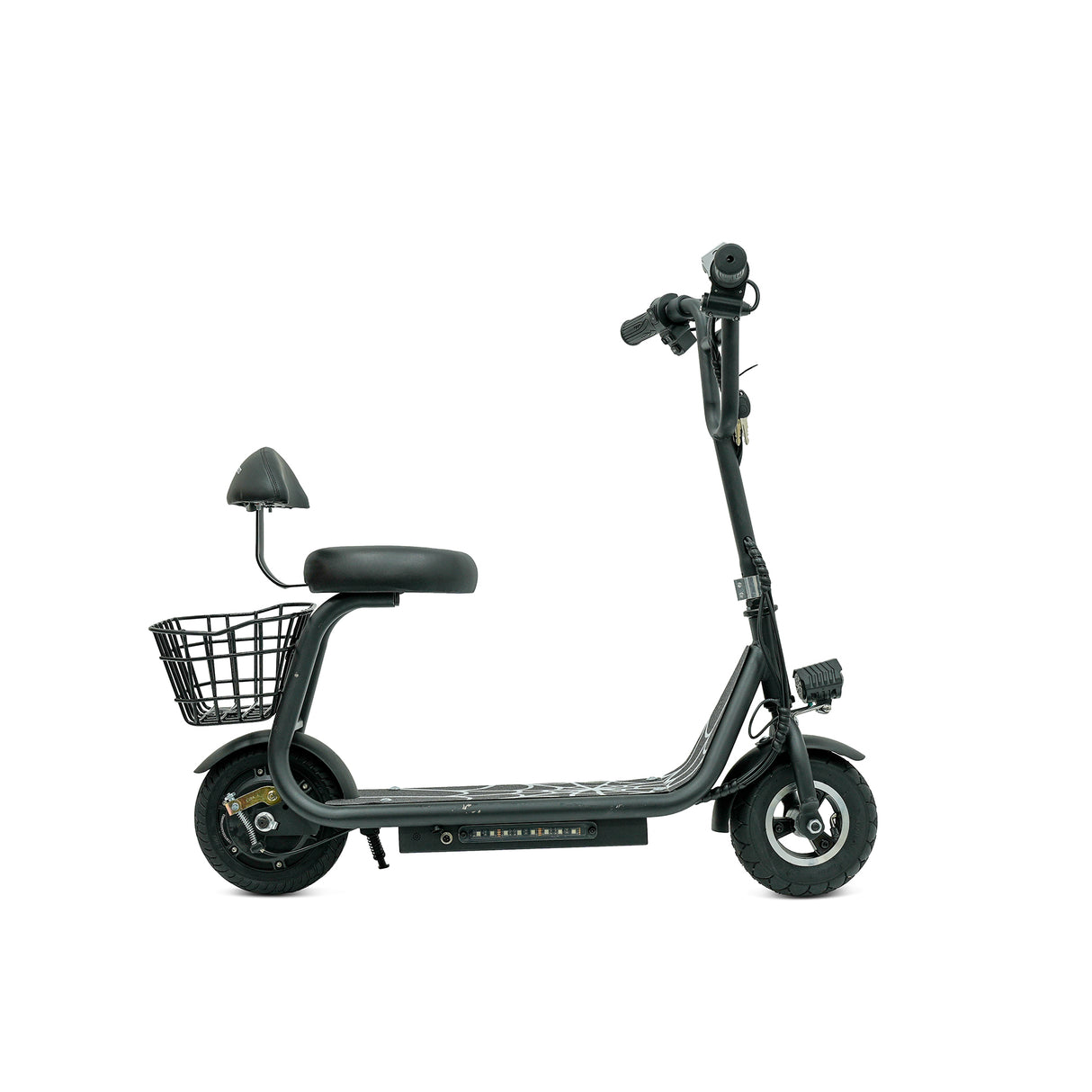 Black electric scooter with a seat and basket on a white background