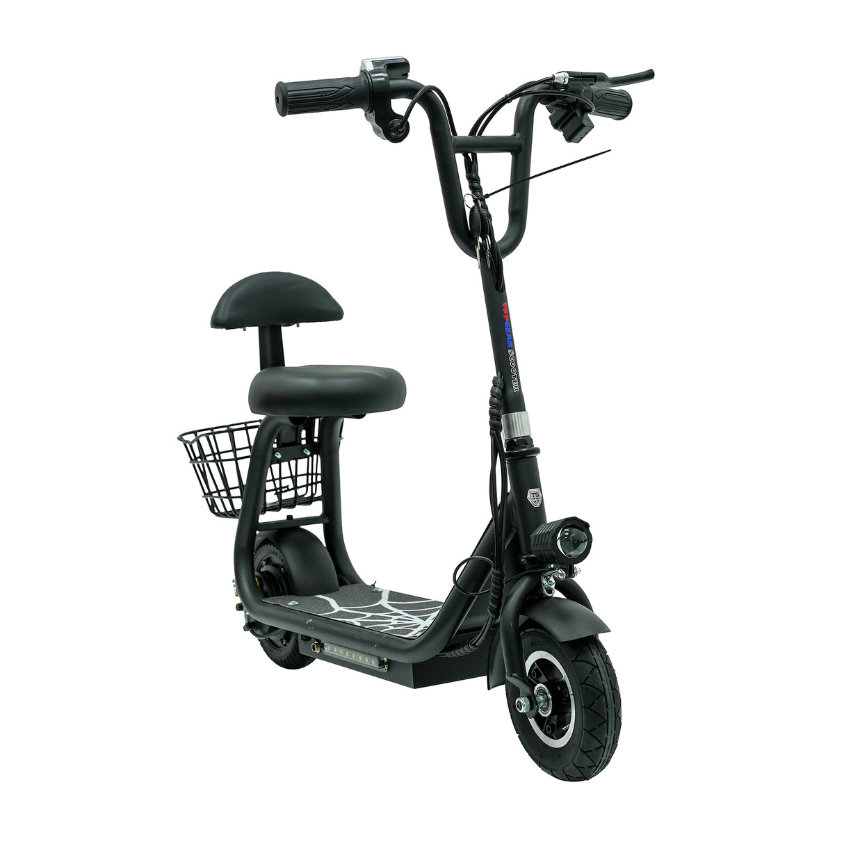 Black electric scooter with a seat and basket on a white background