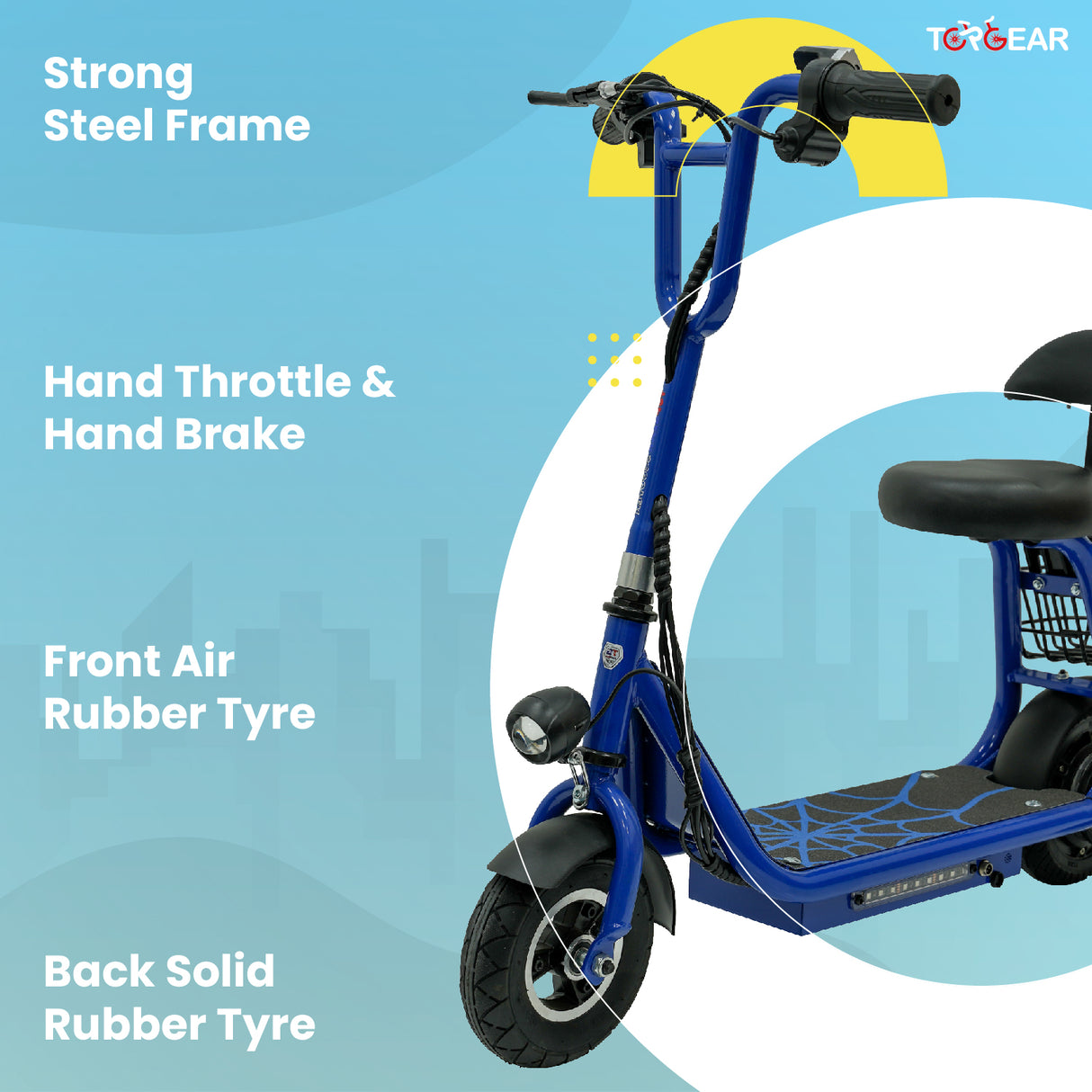 Blue electric scooter with features listed on a blue background