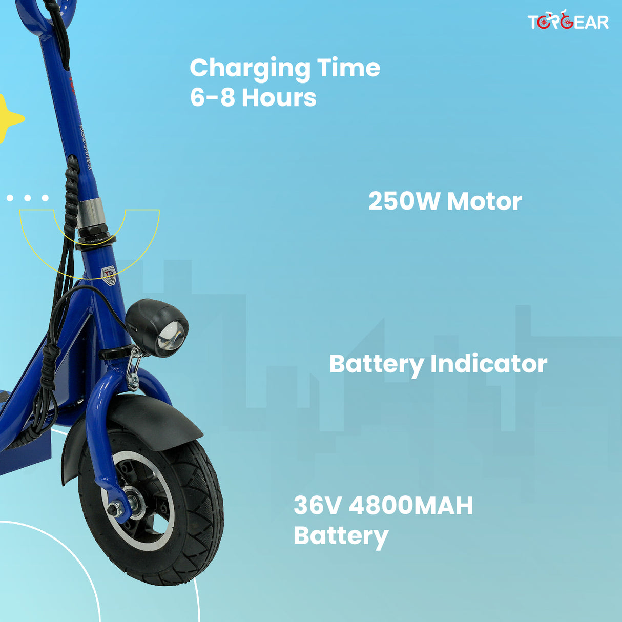 Blue electric scooter with specifications on a light blue background