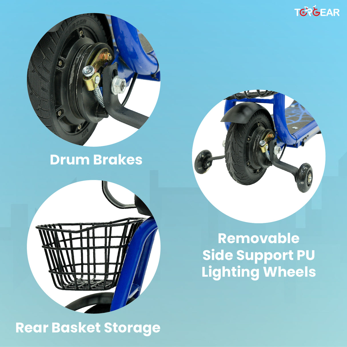 Three circular insets showing drum brakes, removable side support PU lighting wheels, and rear basket storage on a blue background with Top Gear branding.