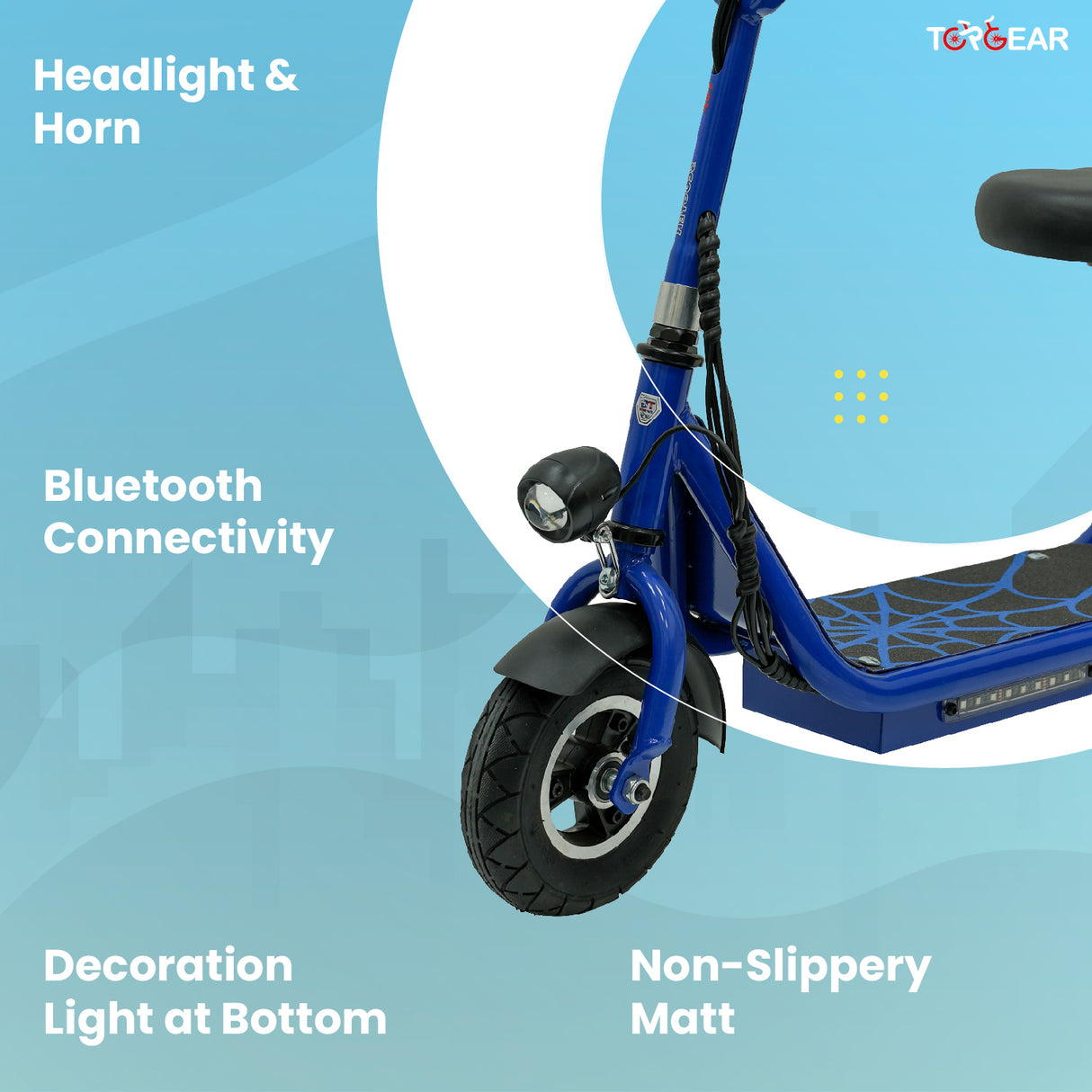 Blue electric scooter with features highlighted on a blue background