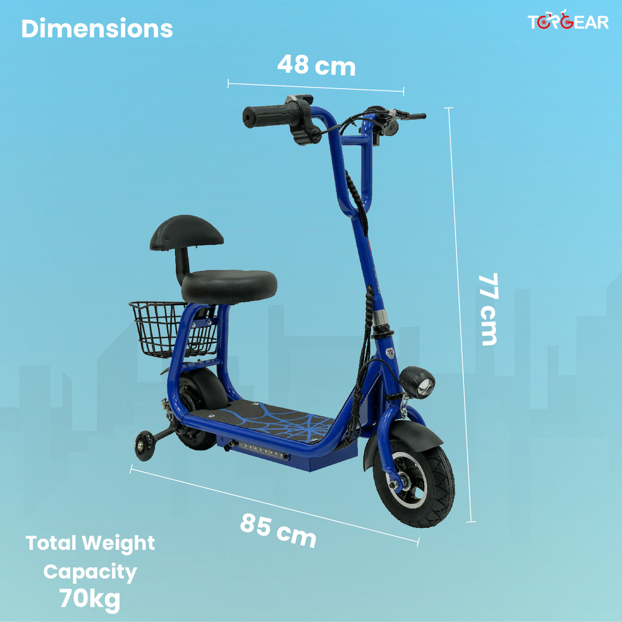 Blue electric scooter with dimensions labeled on a blue background