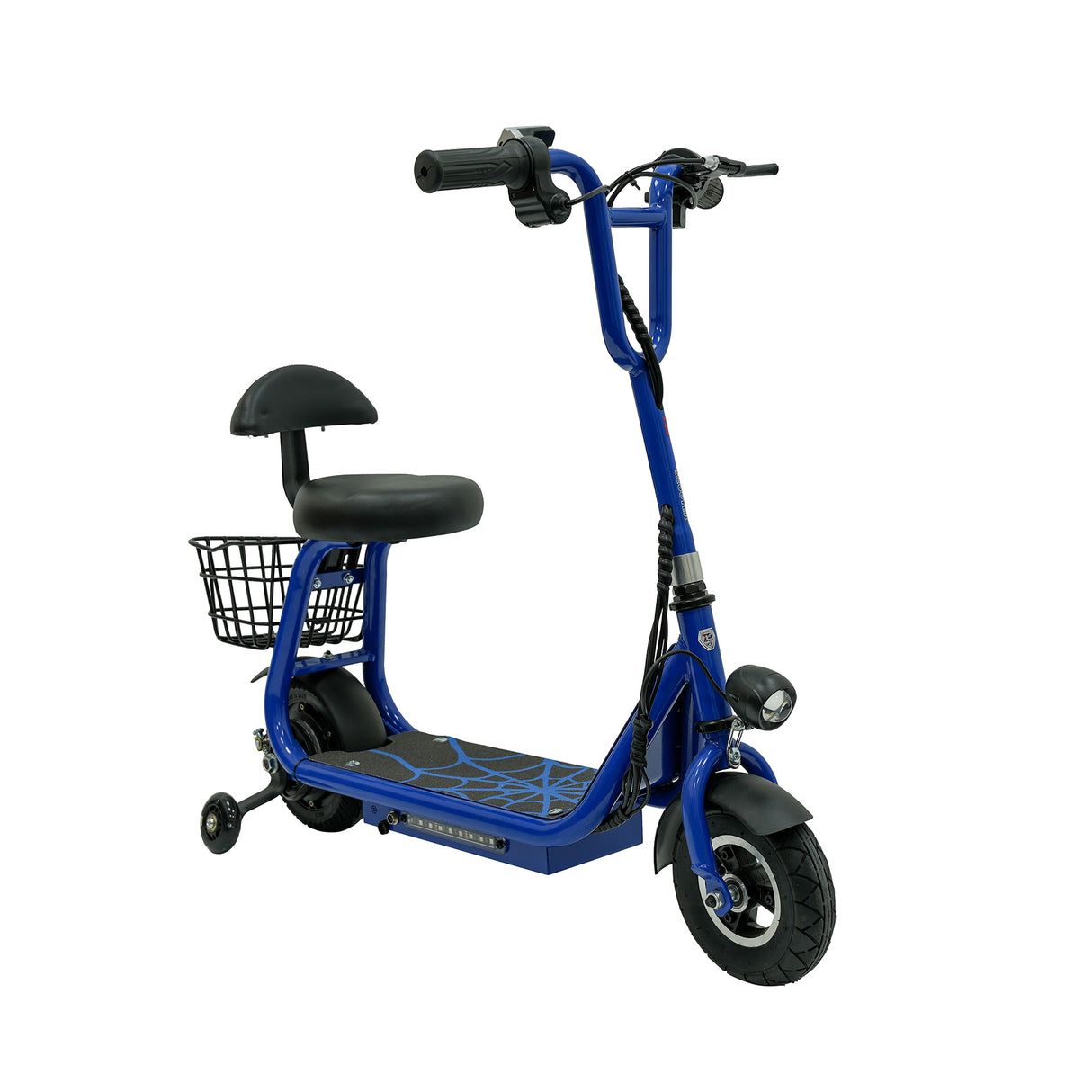 Blue electric scooter with a seat and basket on a white background