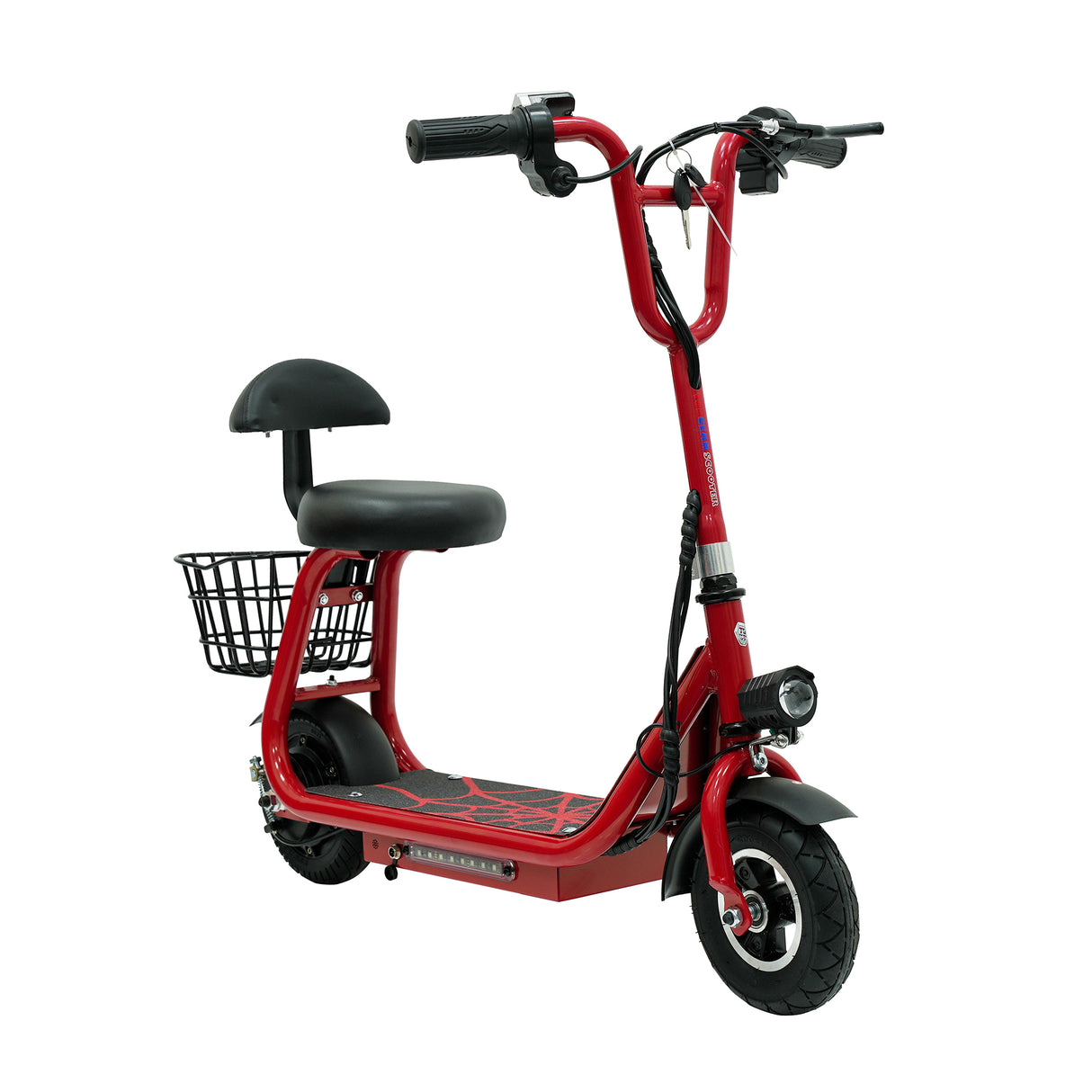 Red electric scooter with a black seat and basket on a white background