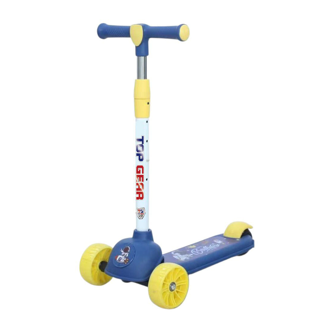 Children's scooter with blue and yellow design on a white background
