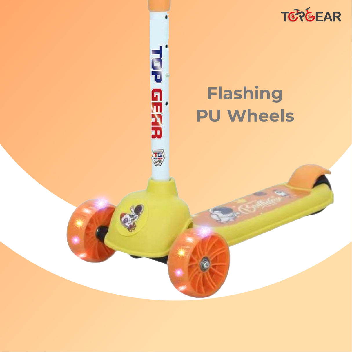 Children's scooter with flashing PU wheels on an orange background, featuring the Top Gear brand.