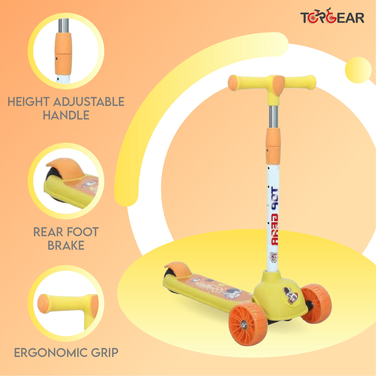 Children's scooter with features highlighted on an orange background