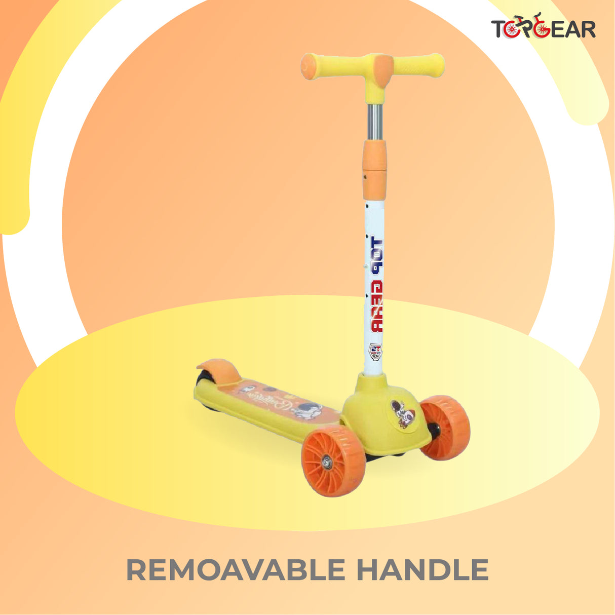 Yellow scooter with a removable handle on an orange background, featuring the Top Gear brand.