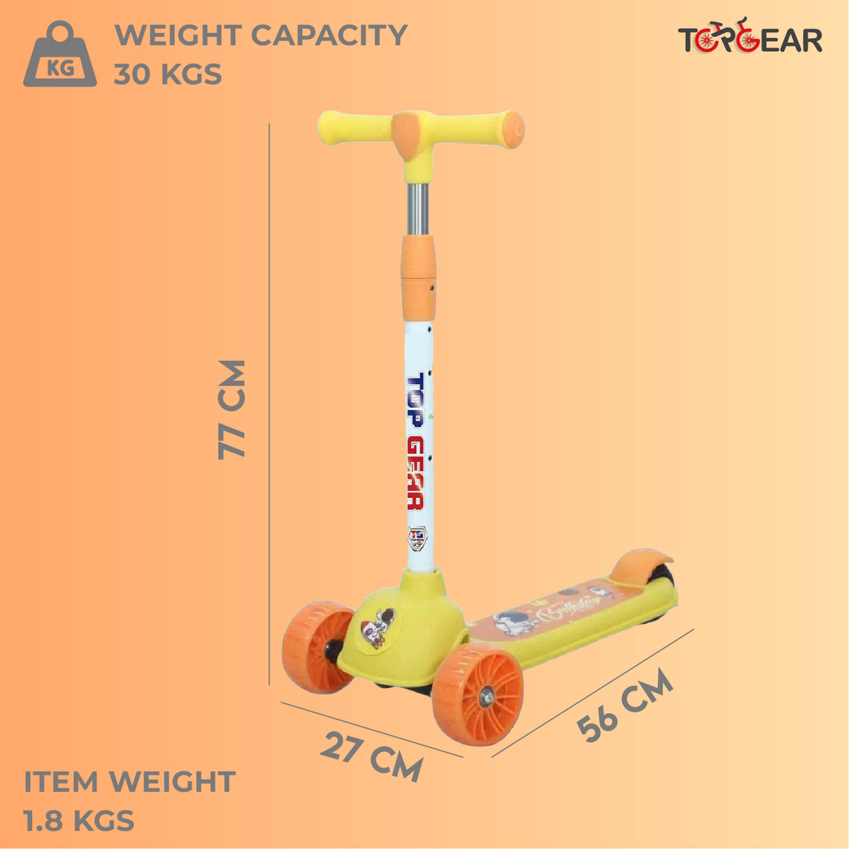 Children's scooter with dimensions and weight capacity on an orange background