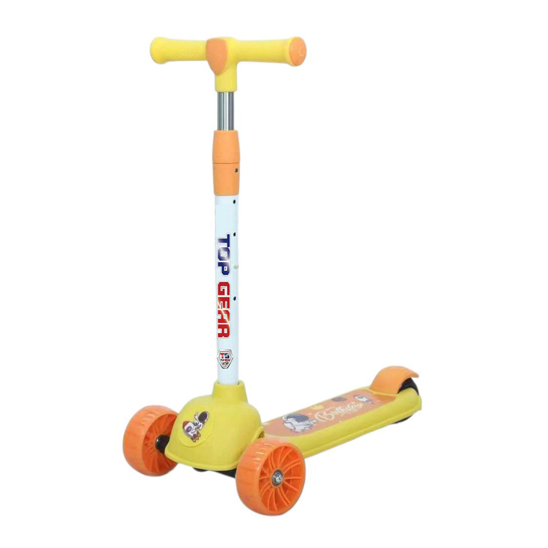 Yellow and orange scooter with a white handlebar on a white background