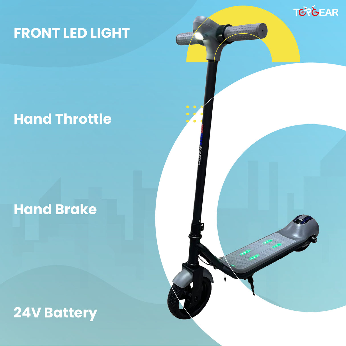 Electric scooter with features highlighted on a blue background