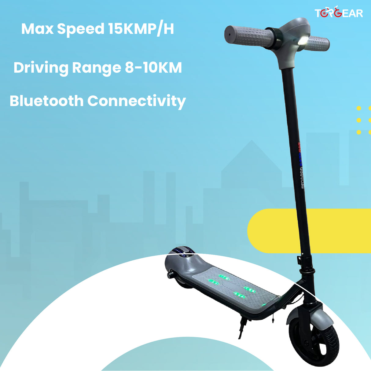 Electric scooter with specifications on a blue background