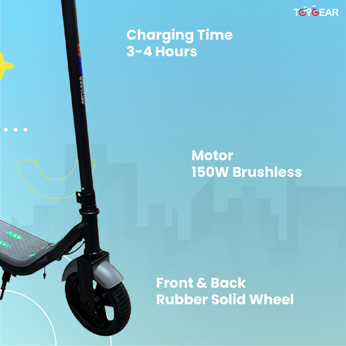 Electric scooter with charging time, motor specifications, and wheel details on a blue background