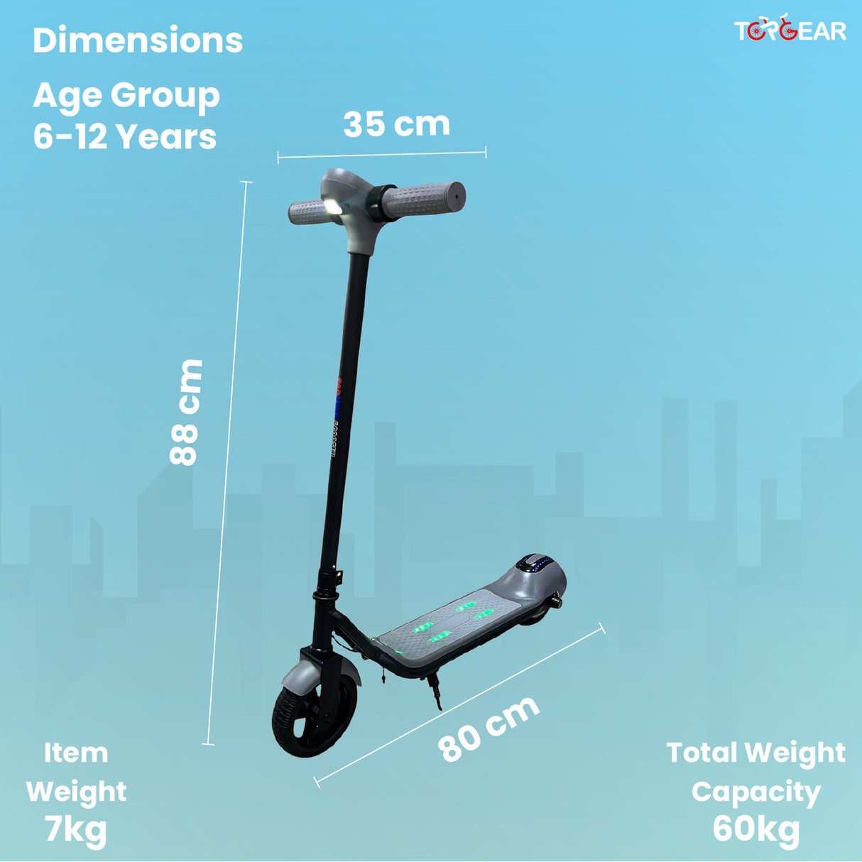Measurement chart of a children's scooter with dimensions and specifications on a blue background.