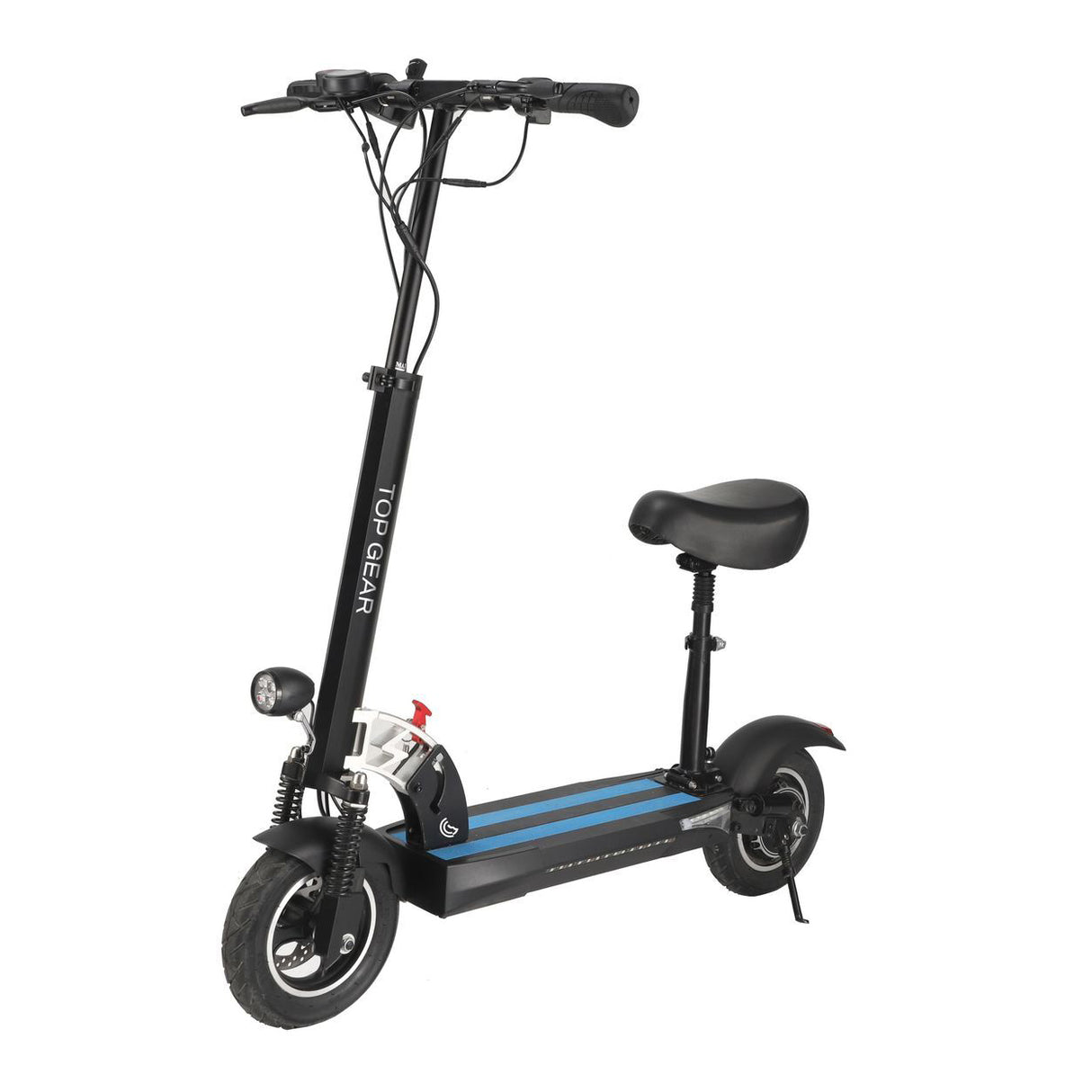 Blue electric scooter with a seat on a white background