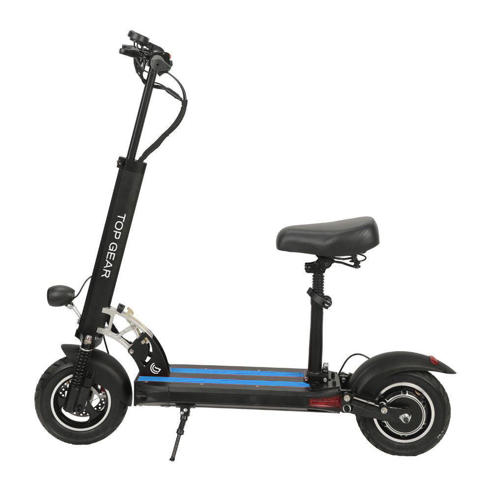Blue electric scooter with a seat on a white background
