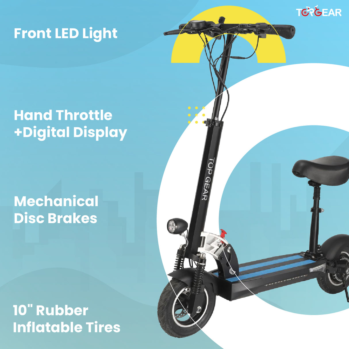 Electric scooter with features listed on a blue background