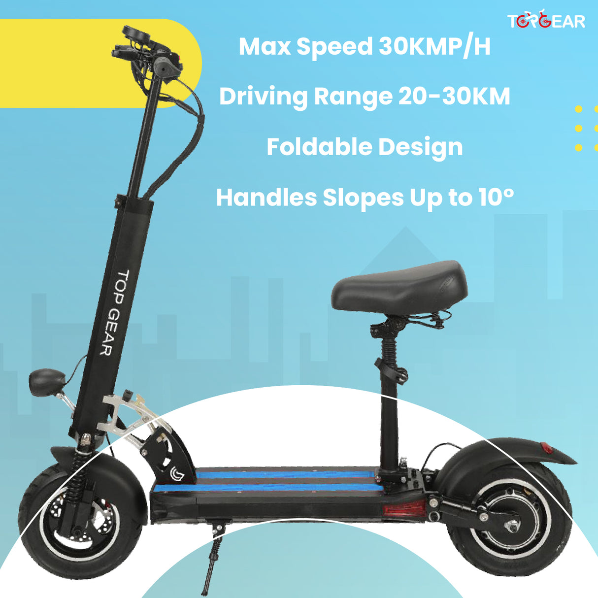 Blue electric scooter with features listed on a blue and yellow background