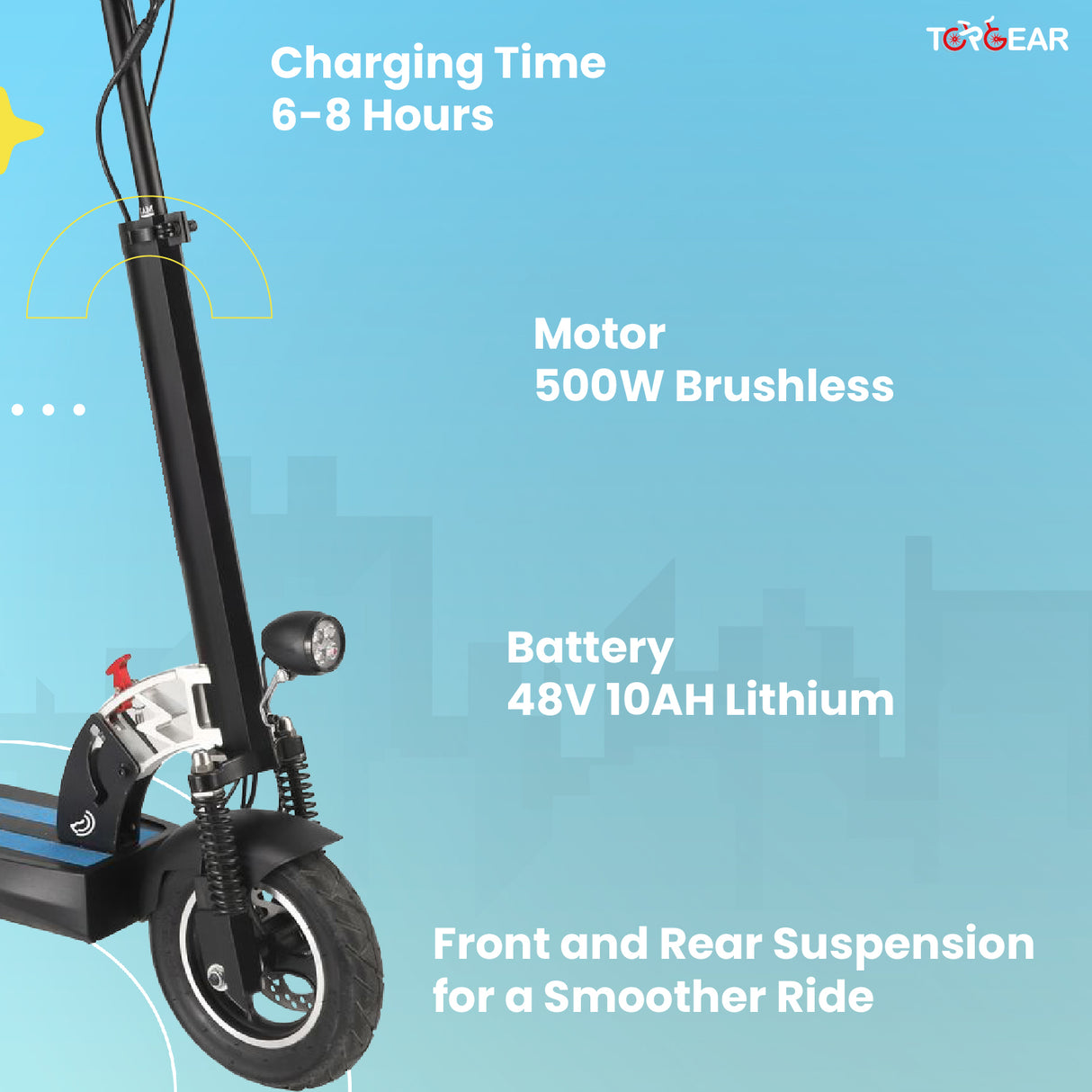 Electric scooter with specifications on a blue background