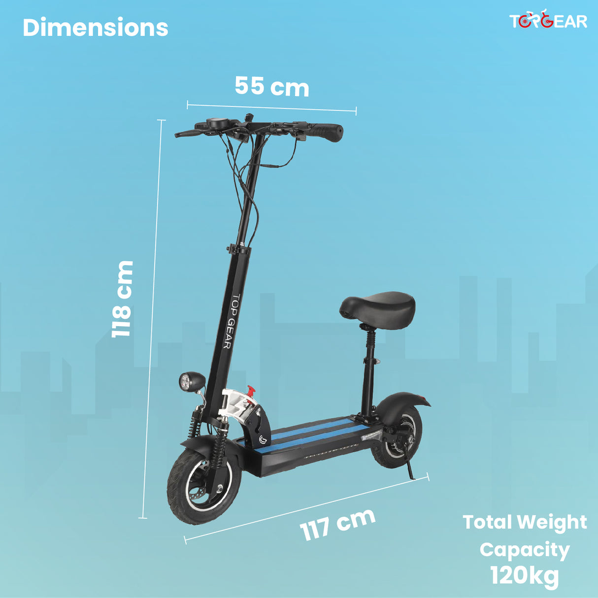 Blue electric scooter with measurements on a blue background