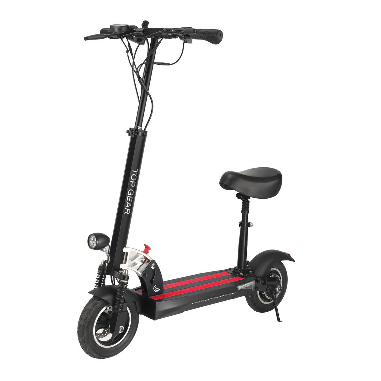 Red electric scooter with a seat on a white background