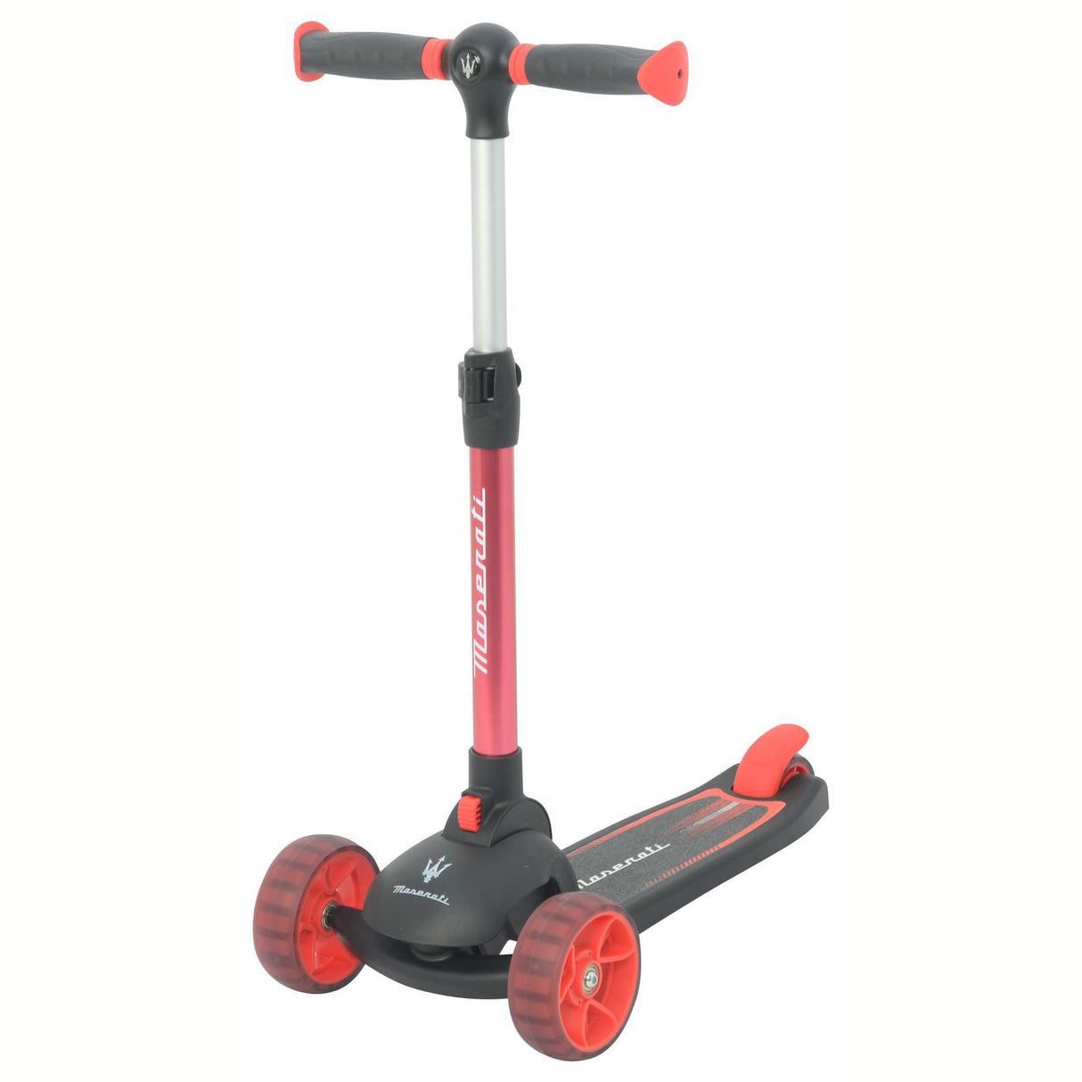 Children's scooter with red wheels and handlebar on a white background
