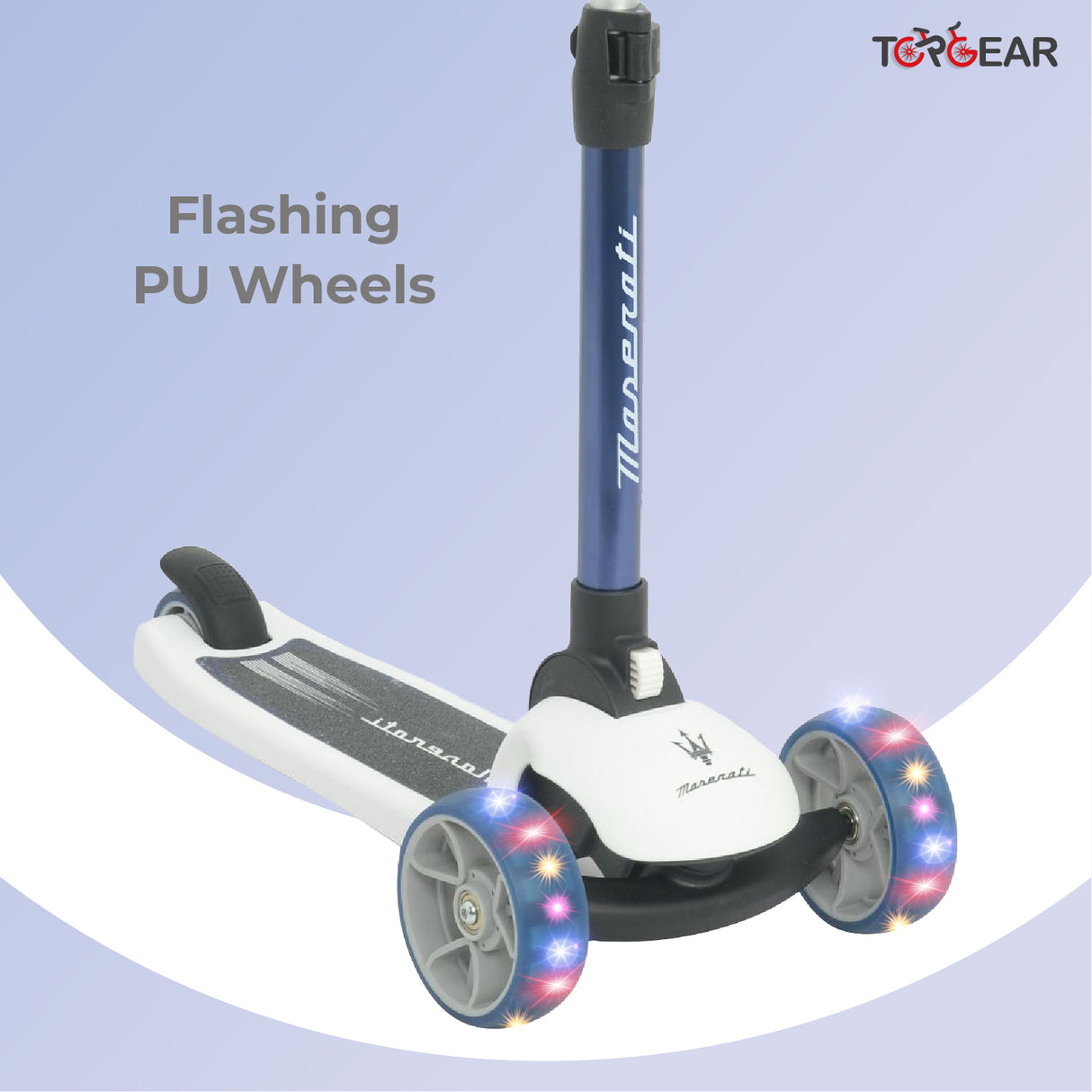 Children's scooter with LED wheels on a light blue background, featuring the brand 'Maserati'.